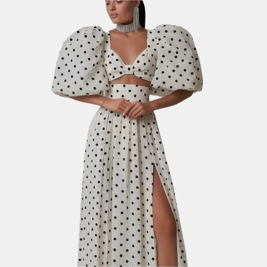 Seaside Vacation Sexy Polka Dot Split Top Mid-length Dress Set