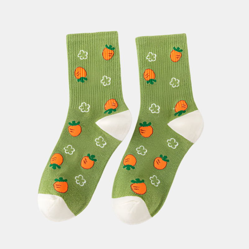 Cartoon Rabbit Carrot Green Women Socks