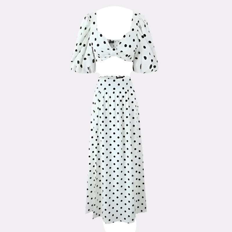 Seaside Vacation Sexy Polka Dot Split Top Mid-length Dress Set