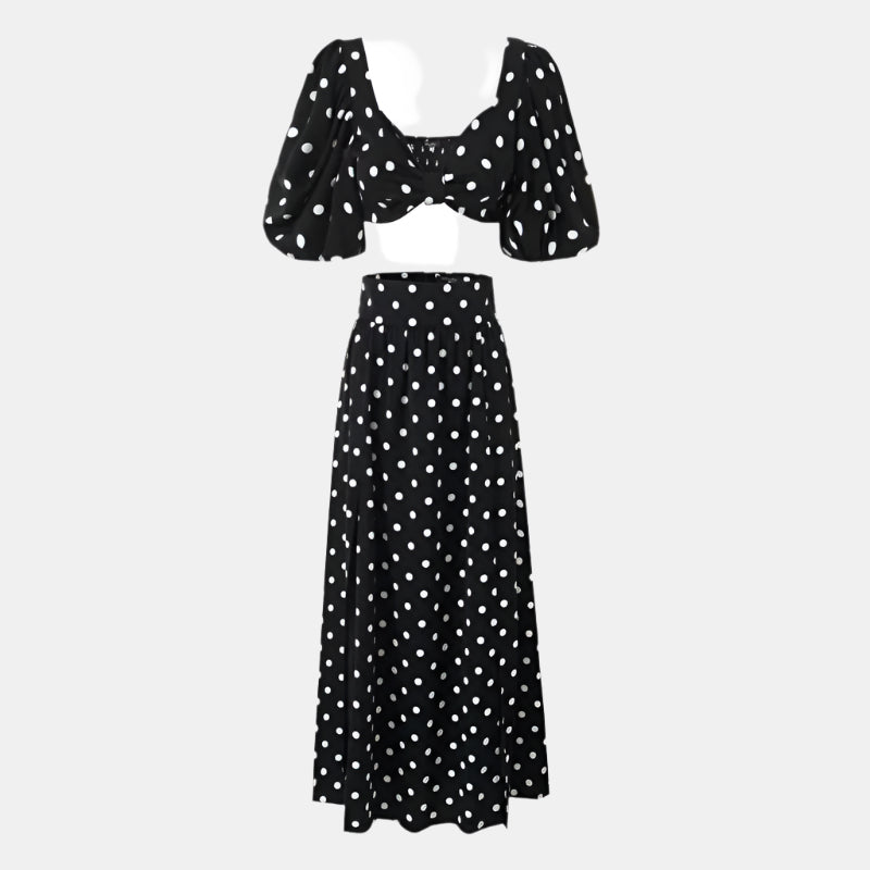 Seaside Vacation Sexy Polka Dot Split Top Mid-length Dress Set