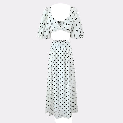Seaside Vacation Sexy Polka Dot Split Top Mid-length Dress Set