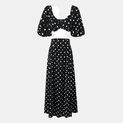 Seaside Vacation Sexy Polka Dot Split Top Mid-length Dress Set